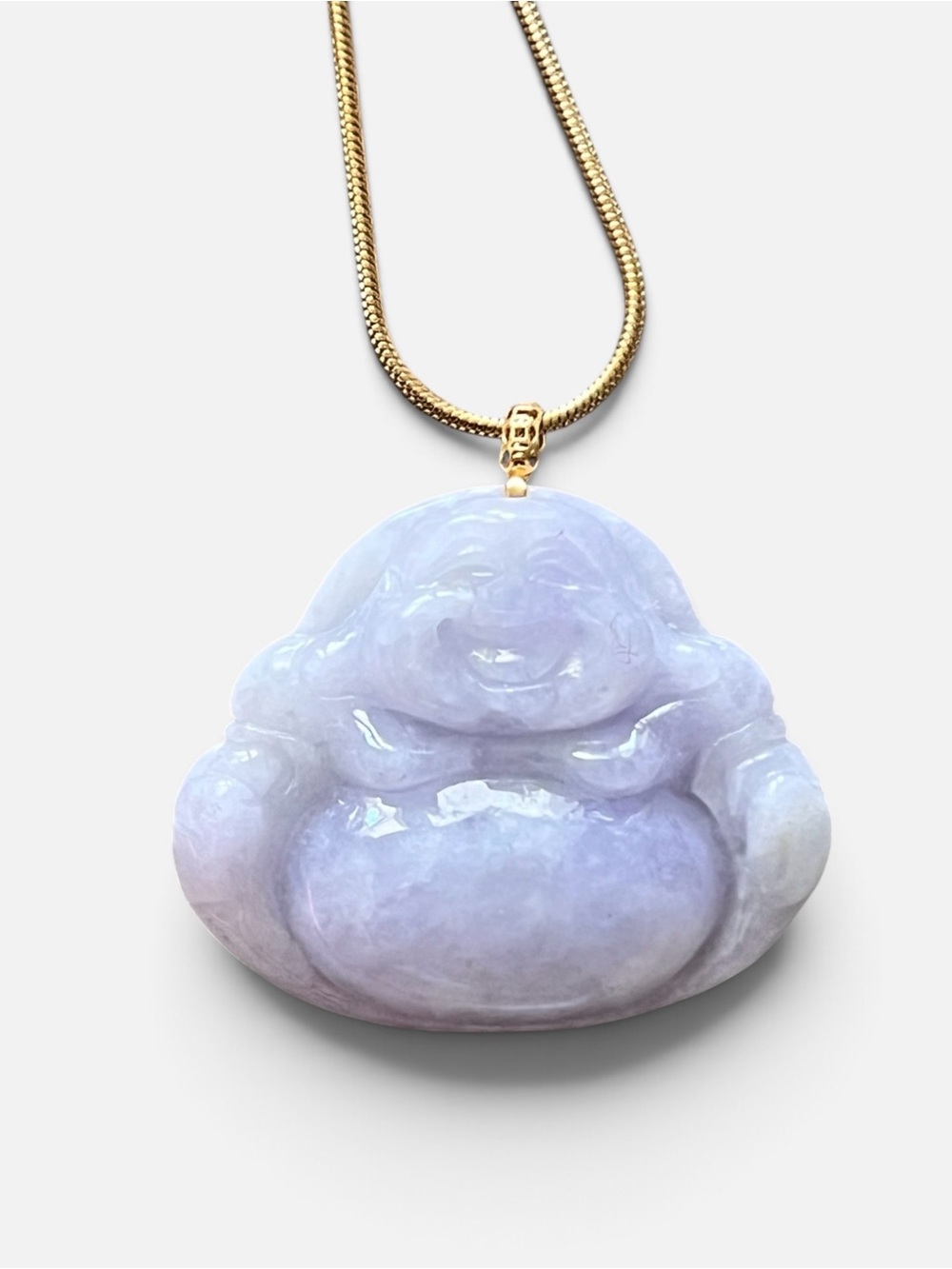 Lavender Jade Laughing Buddha 18K Solid Gold Bale Pendant Adjustable Necklace